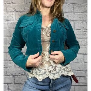 Vintage Y2K Trashy 2000's Vibrant Turquoise Velvet Cropped Jacket